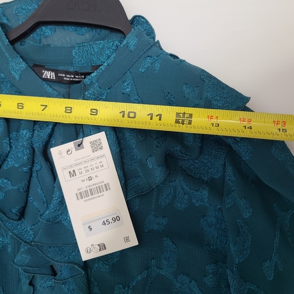 ZARA RUFFLED JACQUARD SHIRT DUCK GREEN SIZE L | 2285/893/538 - Picture 10 of 12